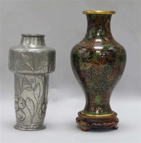A Mogens Ballin pewter vase and a cloisonne vase cloisonne vase 28cm